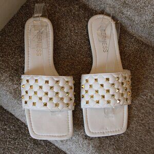 BERNESS White Quilted Gold Stud Slide Sandals Size 8 Square Toe Flat